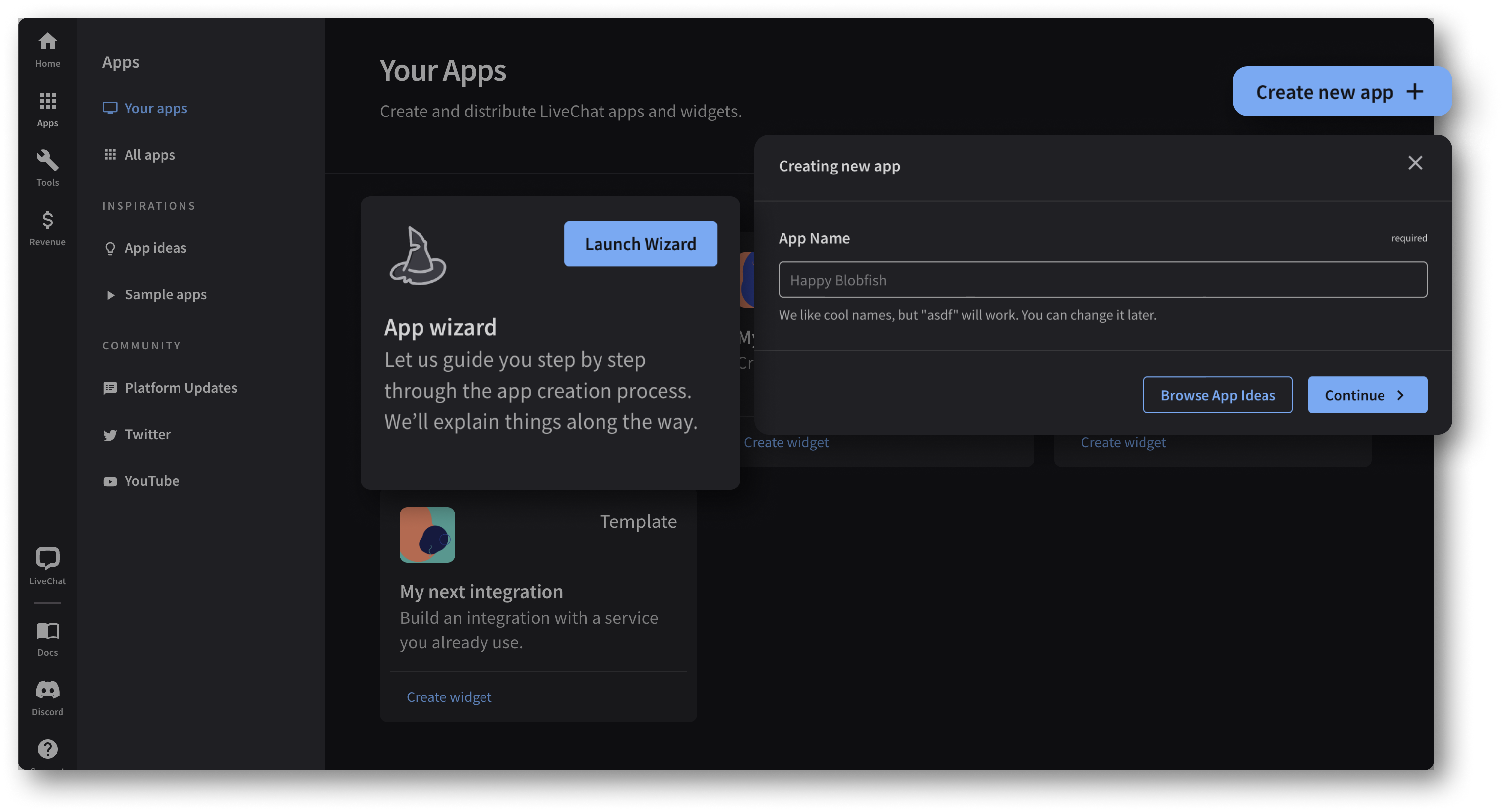 Creating LiveChat apps step 1, App wizard