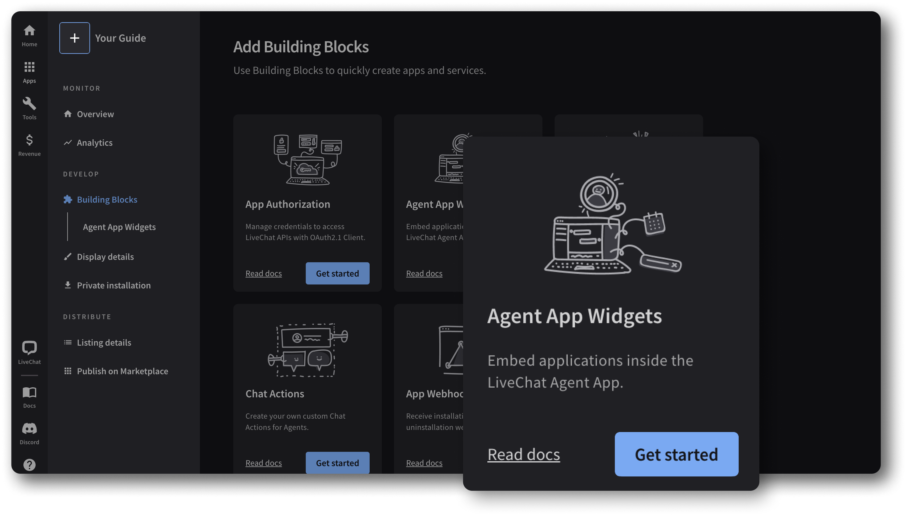 Creating LiveChat apps step 2, adding Agent App Widgets block