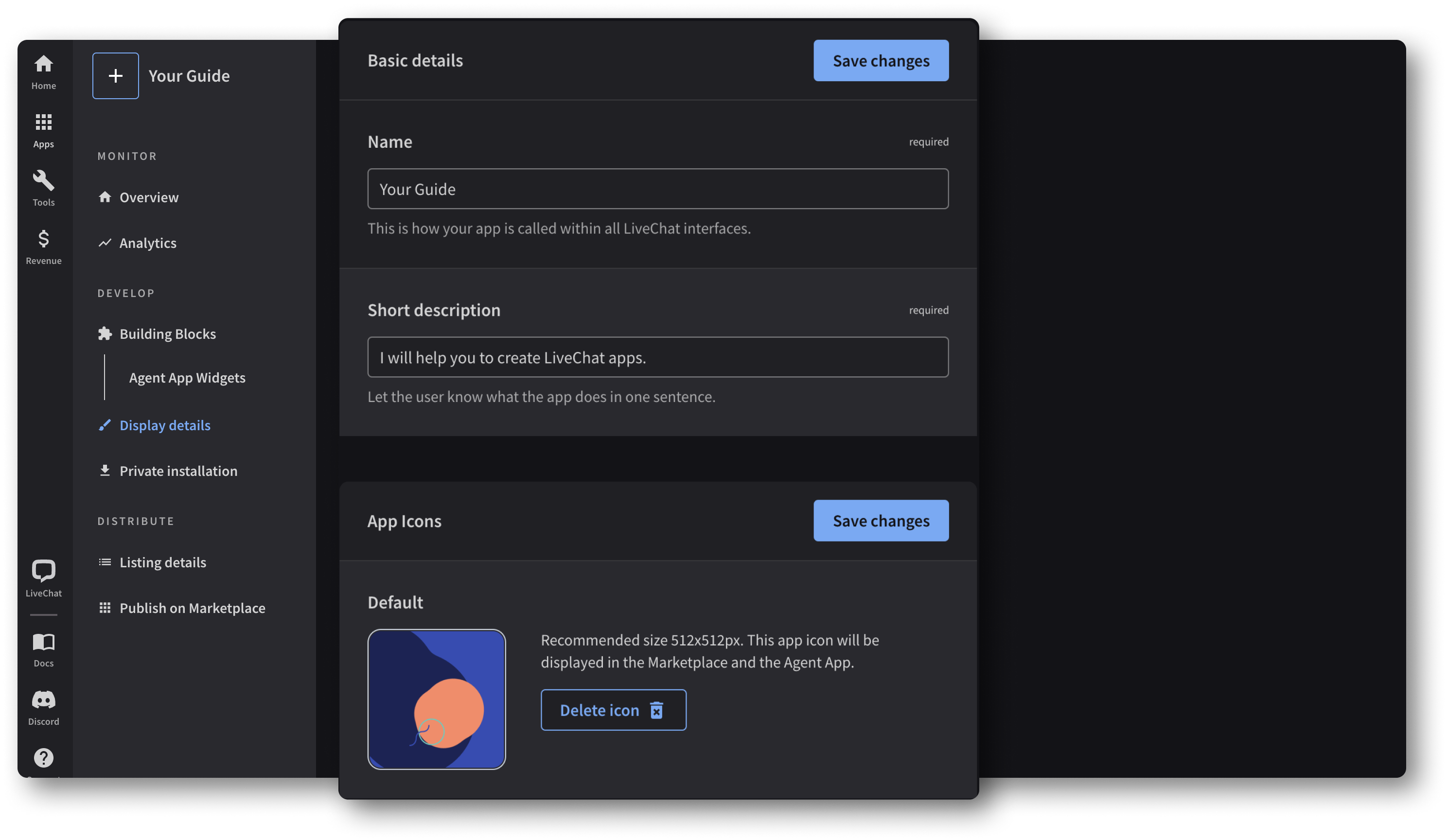 Creating LiveChat apps step 3, configuring the Display Details