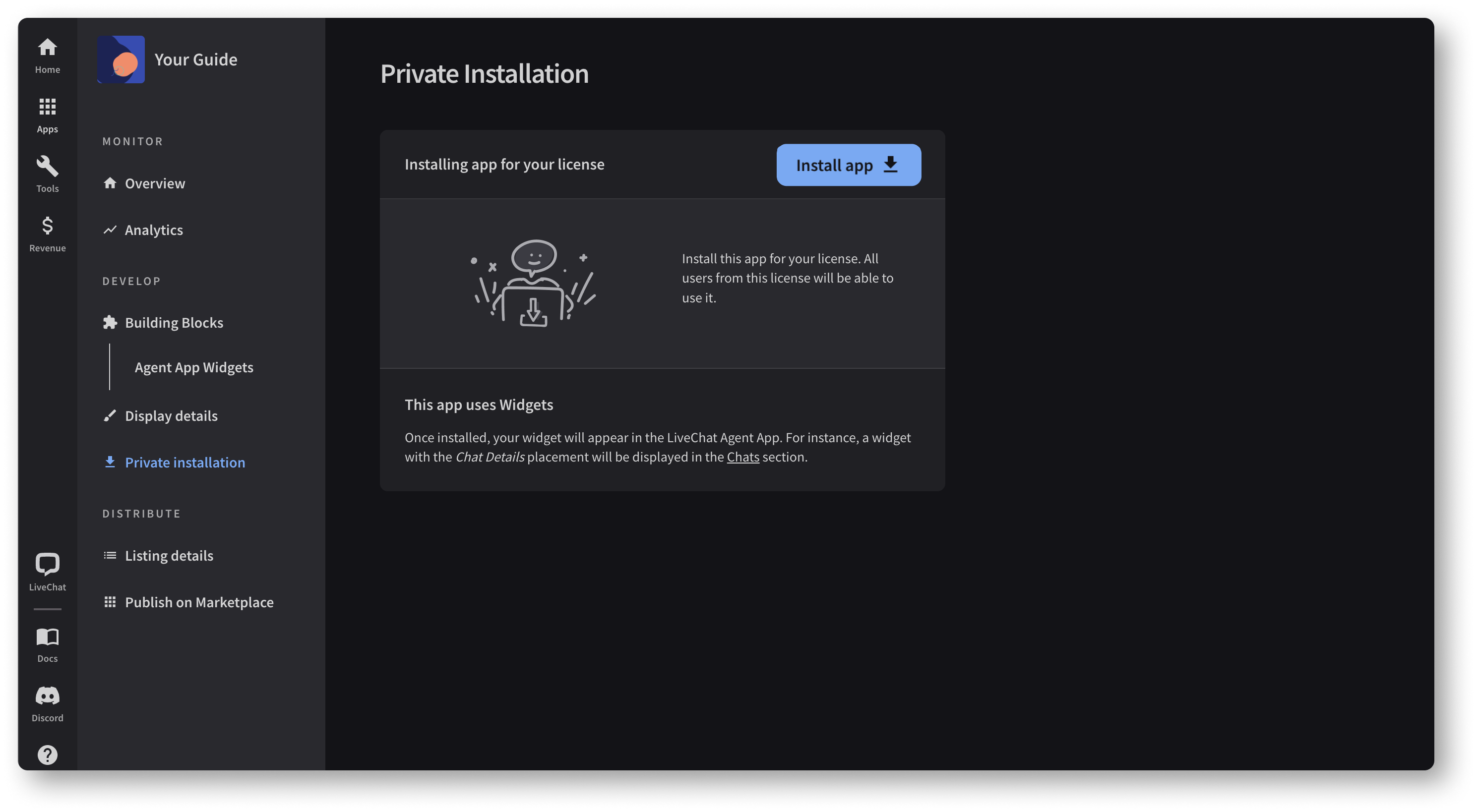 Creating LiveChat apps step 5, private installation